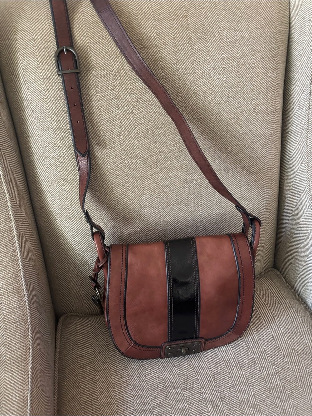 Fossil Brown and Black Leather Crossbody Saddle Bag